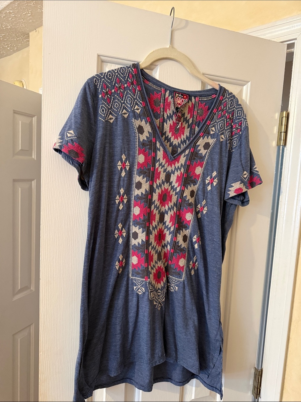 Johnny Was Blue V-Neck Tunic with Pink and Cream Geometric Embroidery